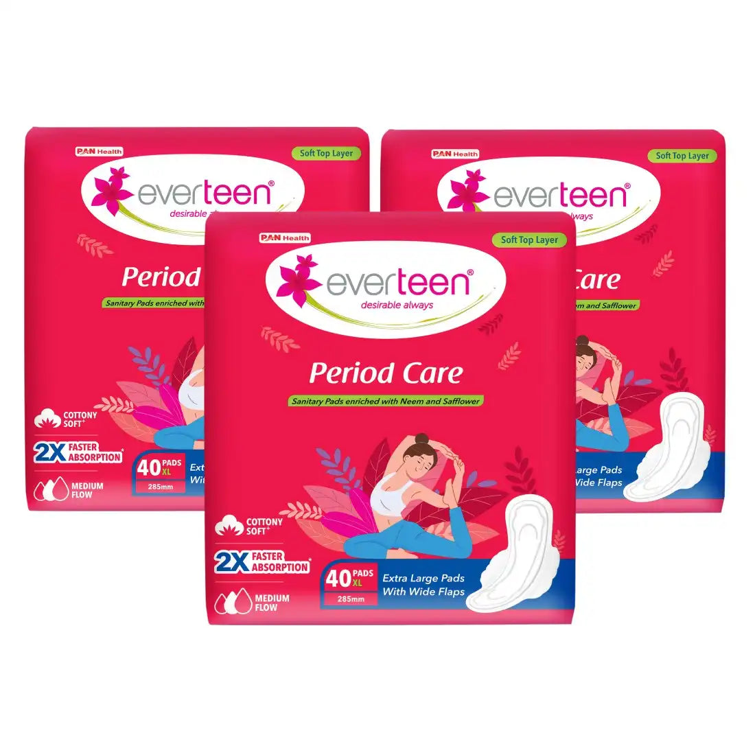 everteen Period Care XL Soft 40 Sanitary Pads Enriched with Neem and Safflower For Medium Flow - everteen