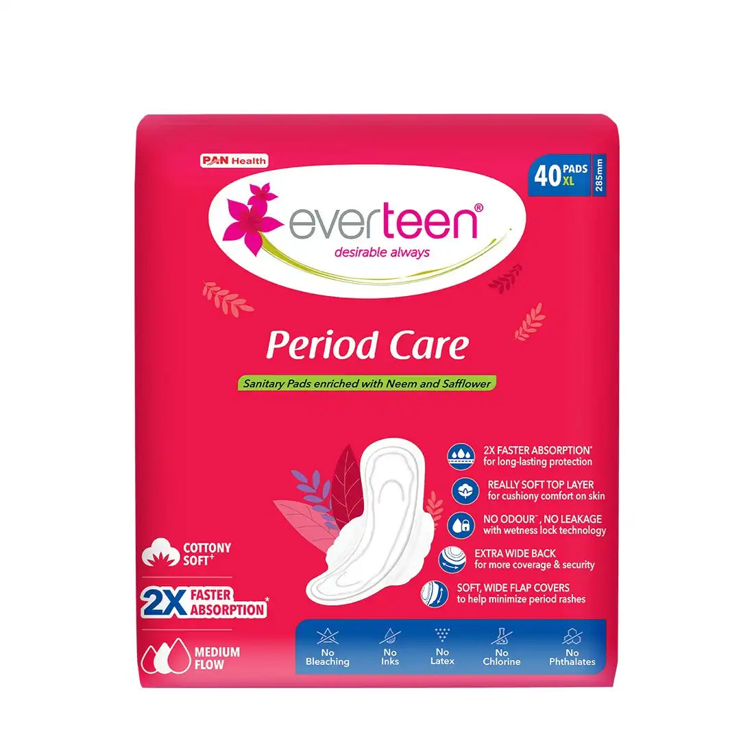 everteen Period Care XL Soft 40 Sanitary Pads Enriched with Neem and Safflower For Medium Flow - everteen
