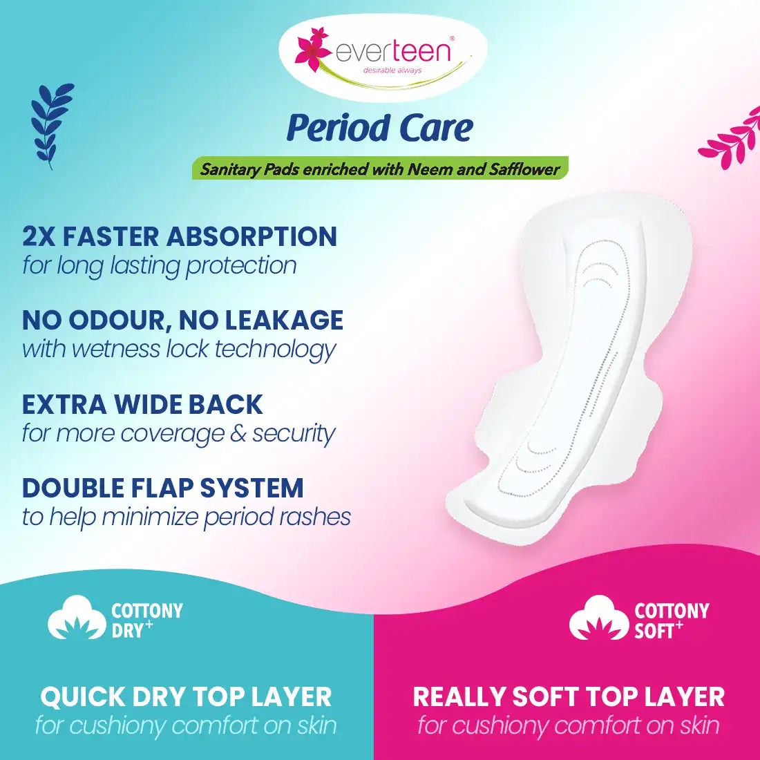 everteen XXL Neem-Safflower Sanitary Pads with Double Wings - 40 Pads, 320mm - everteen