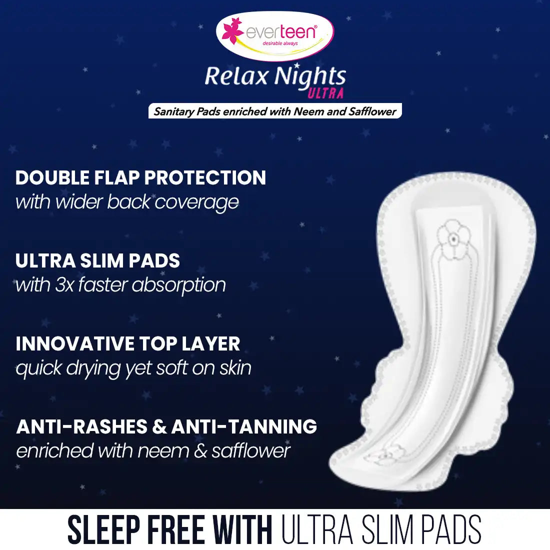 everteen XXL Relax Nights Ultra Thin 40 Sanitary Pads with Neem and Safflower, Menstrual Cramps Roll-On Inside Pack - everteen