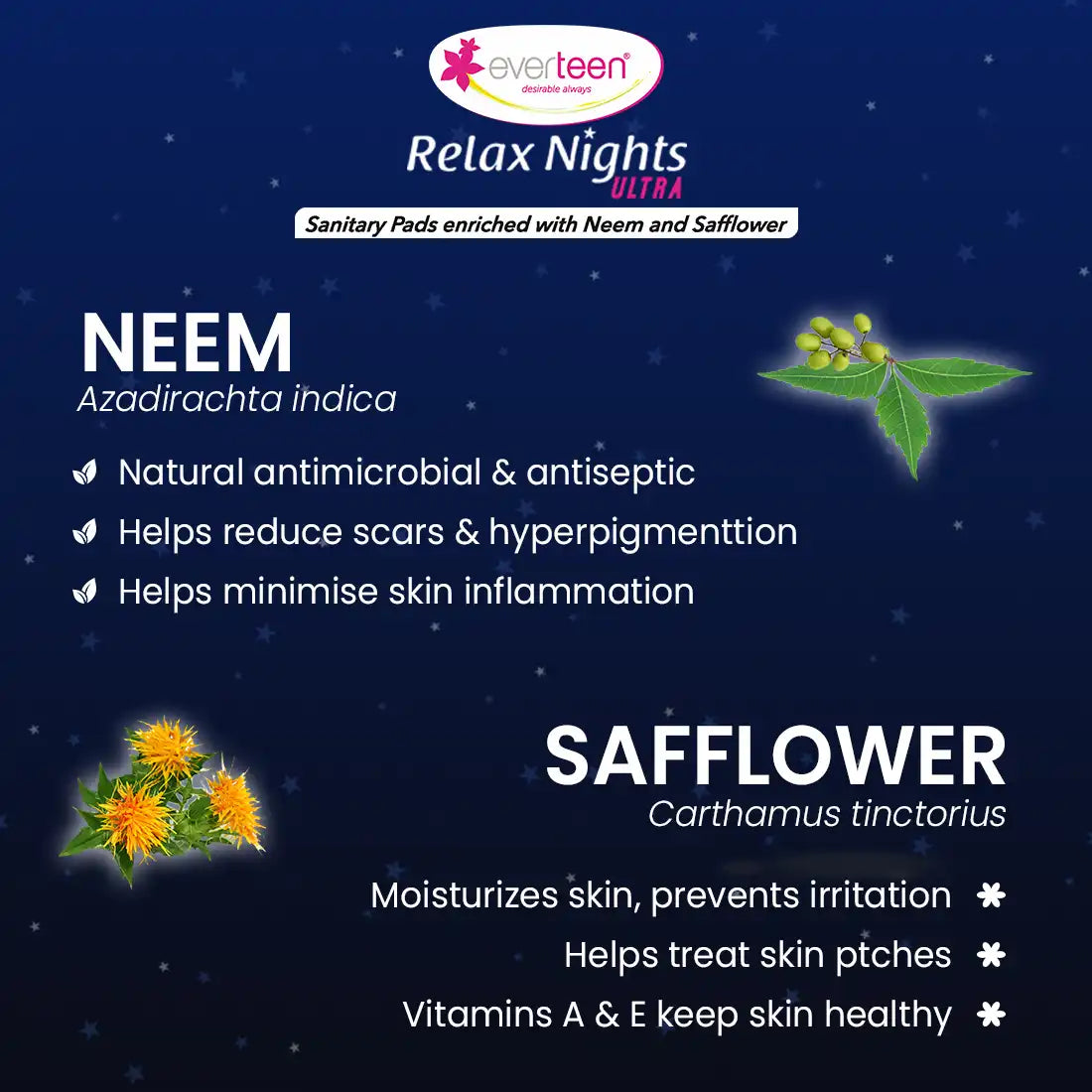 everteen XXL Relax Nights Ultra Thin 40 Sanitary Pads with Neem and Safflower, Menstrual Cramps Roll-On Inside Pack - everteen