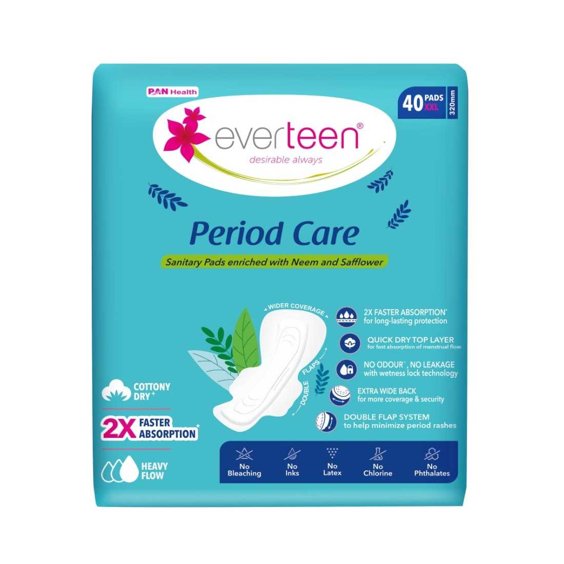 Subscribe to everteen Period Care XXL Dry 40 Sanitary Pads with Double Flaps, Neem, Safflower