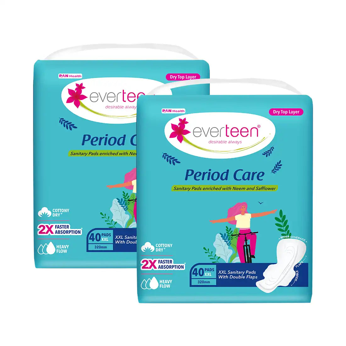 Buy 2 Packs everteen Period Care XXL Dry Neem-Safflower Sanitary Pads with Double Wings - 40 Pads, 320mm - everteen