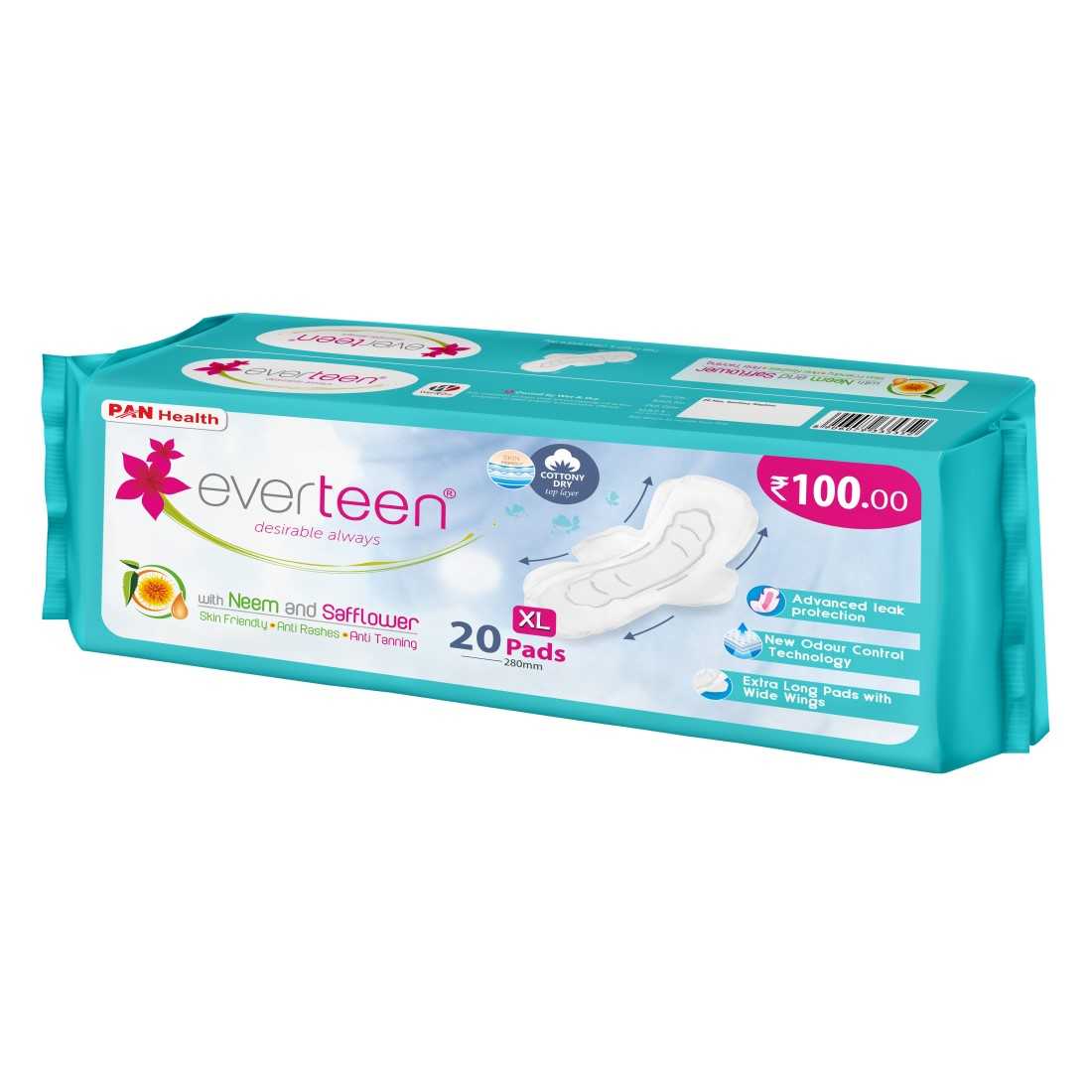 everteen XL Neem Safflower Sanitary Pads for Women - 20 Pads, 280mm - everteen