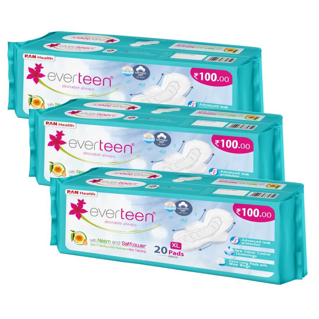 everteen XL Neem Safflower Sanitary Pads for Women - 20 Pads, 280mm - everteen