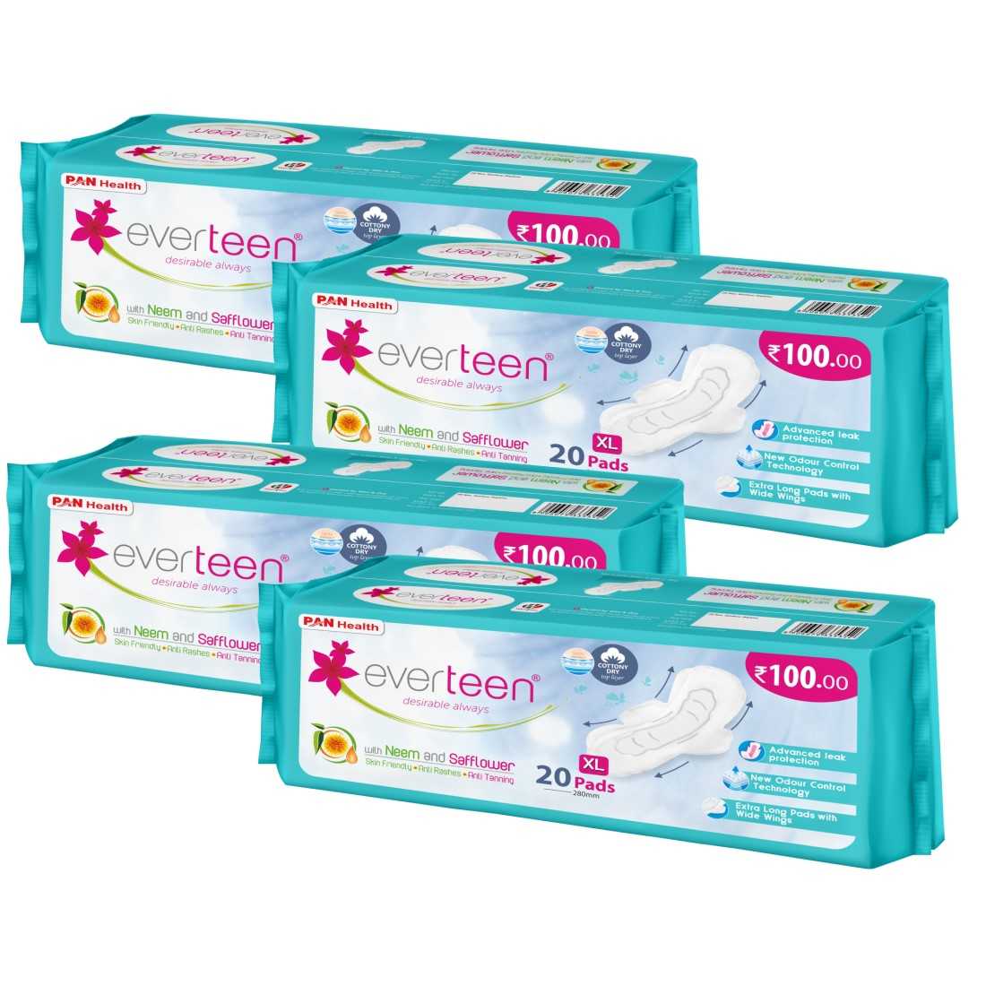 everteen XL Neem Safflower Sanitary Pads for Women - 20 Pads, 280mm - everteen