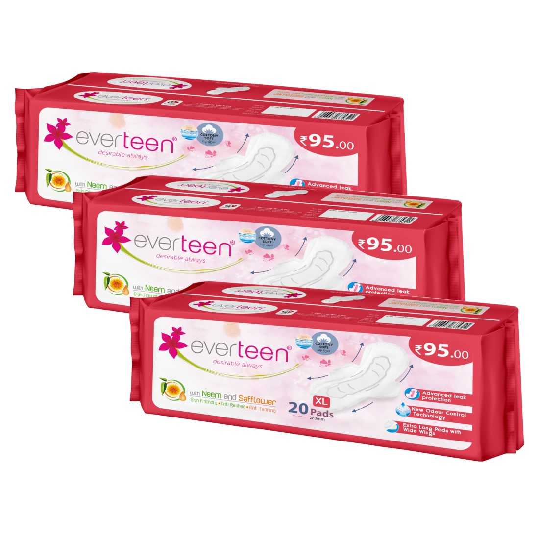 everteen XL Neem Safflower Sanitary Pads for Women - 20 Pads, 280mm - everteen