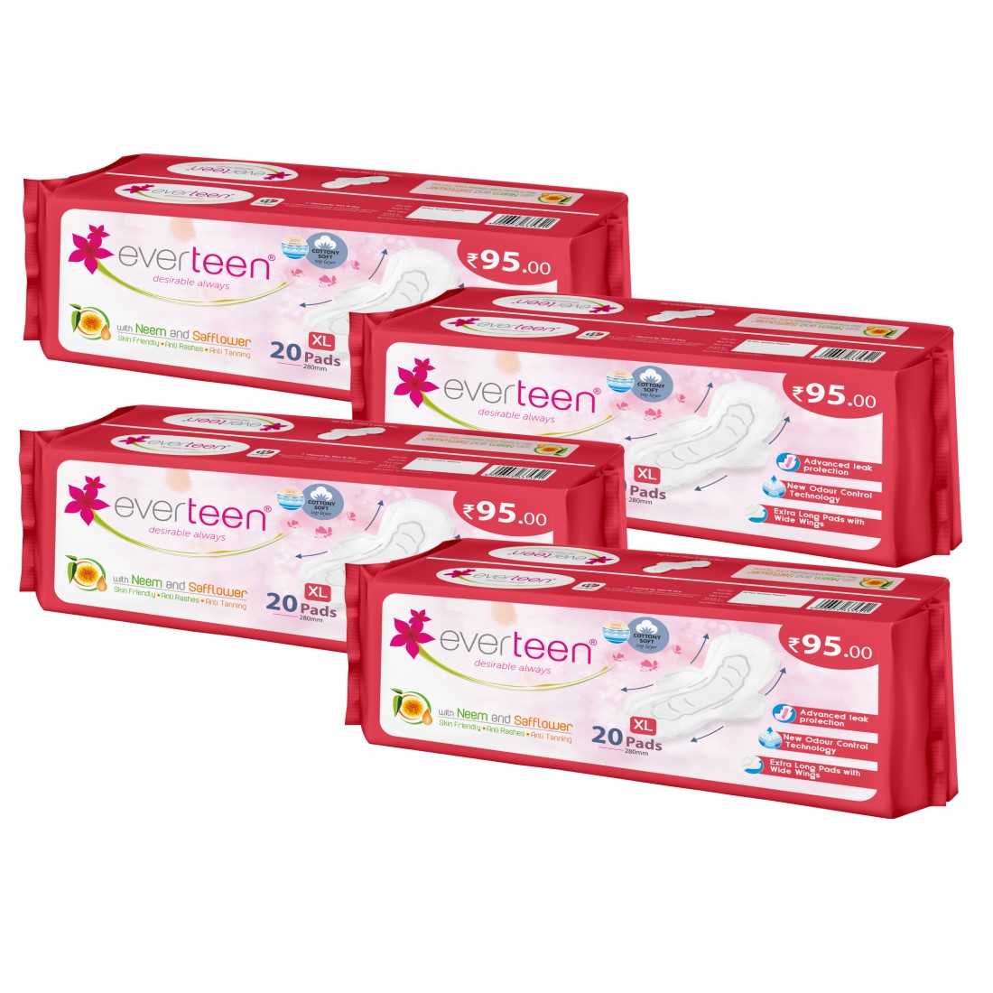everteen XL Neem Safflower Sanitary Pads for Women - 20 Pads, 280mm - everteen