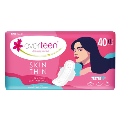 everteen SKIN THIN Ultrathin XL Sanitary Pads with Moringa & Aloe Vera (40 Pads, 285mm) - Dermatologically Tested, Rash-Free Protection for Active Women