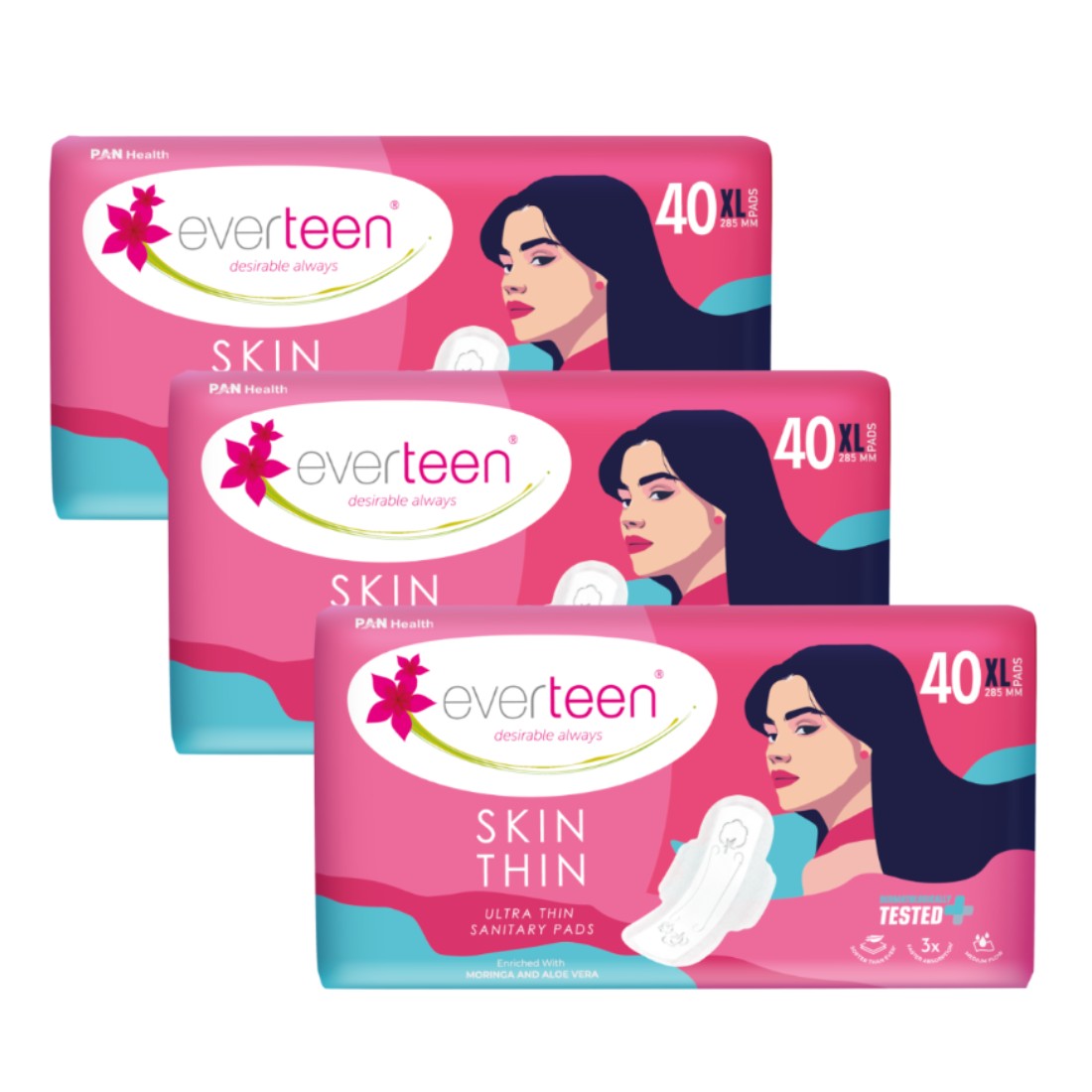 everteen SKIN THIN Ultrathin XL Sanitary Pads with Moringa & Aloe Vera (40 Pads, 285mm)