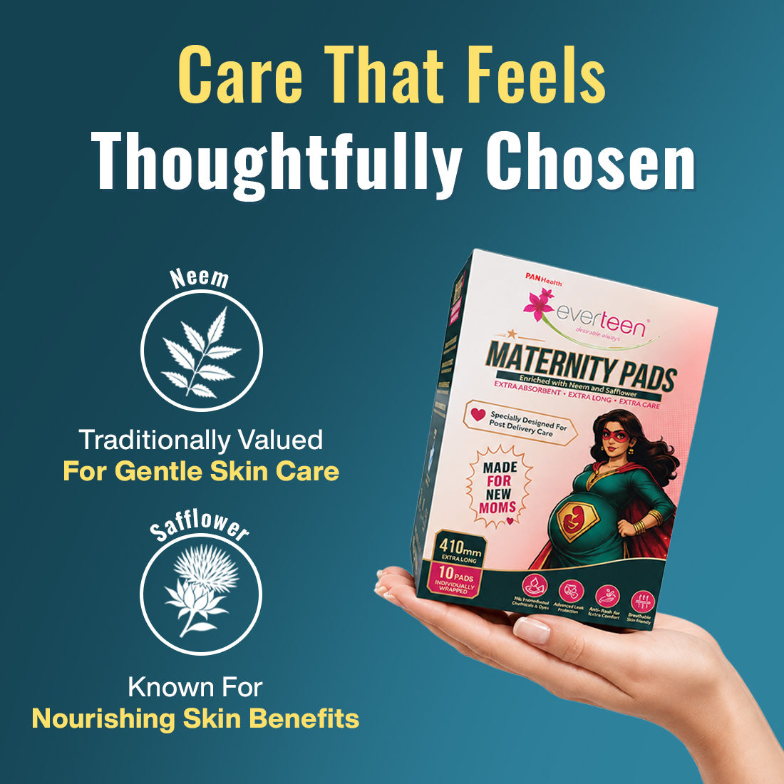 everteen Maternity Pads with Neem and Safflower for Extra Heavy Flow Postpartum Care - 10 Pads