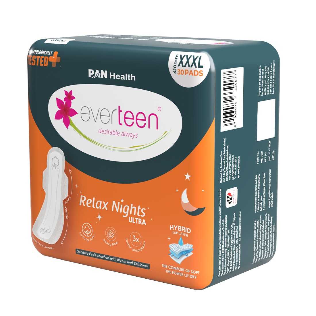 everteen Relax Nights Ultra Overnight XXXL Sanitary Pads, Neem, Safflower, Dermatologically Tested, Heavy Flow, Postpartum Care - 30 Pads (410mm)