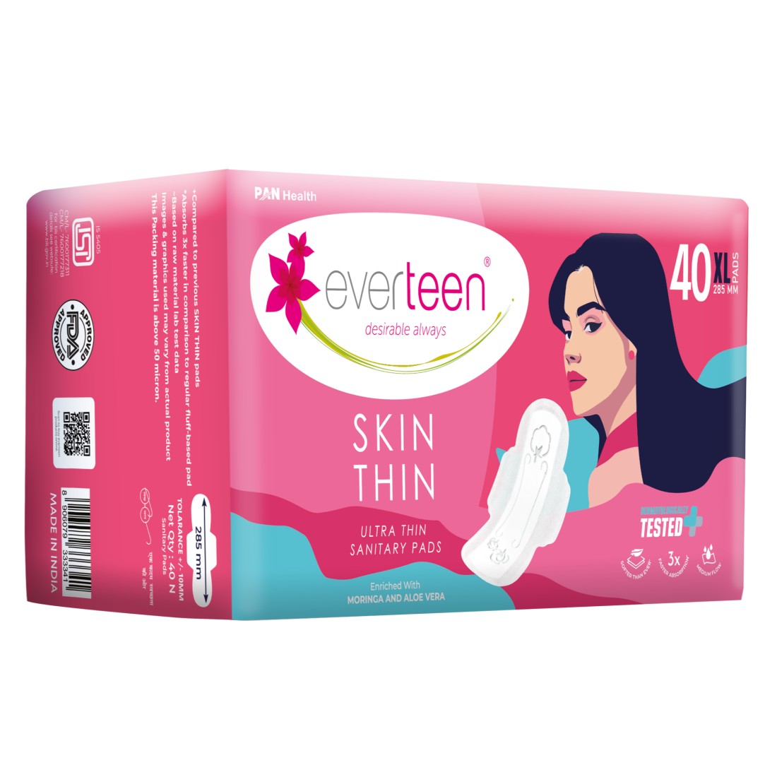 everteen SKIN THIN Ultrathin XL Sanitary Pads with Moringa & Aloe Vera (40 Pads, 285mm) - Dermatologically Tested, Rash-Free Protection for Active Women