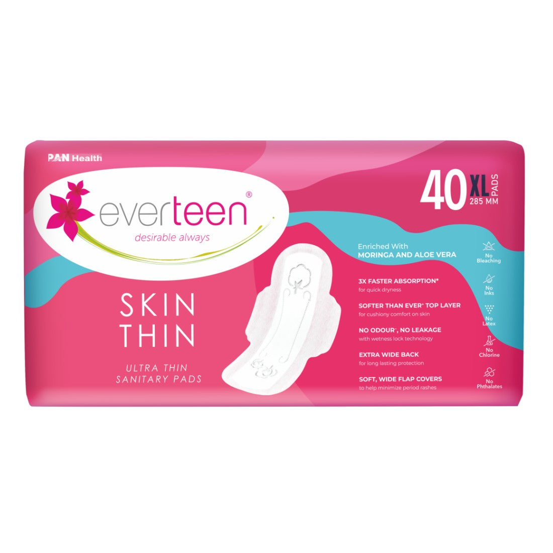 everteen SKIN THIN Ultrathin XL Sanitary Pads with Moringa & Aloe Vera (40 Pads, 285mm)