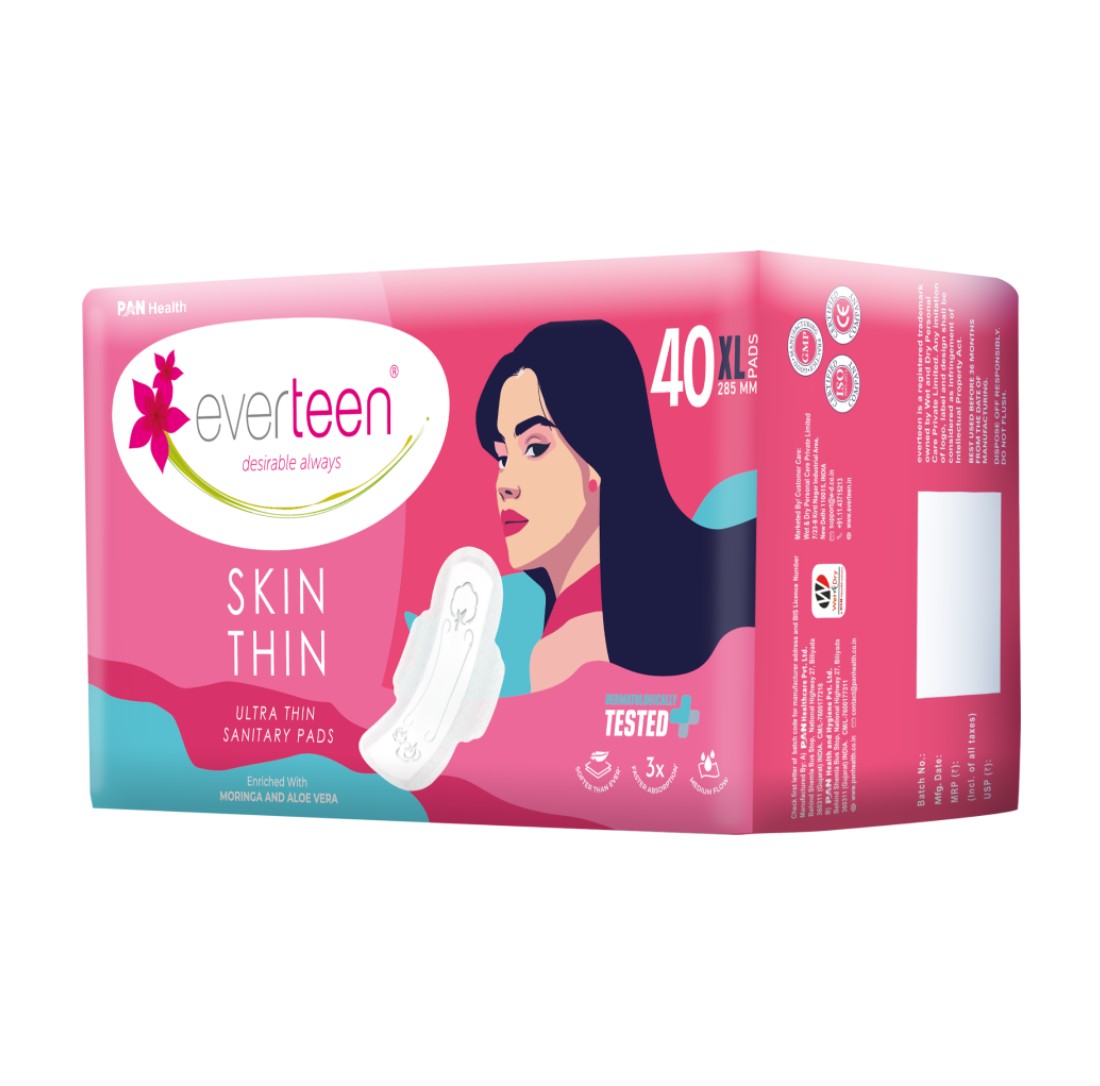 everteen SKIN THIN Ultrathin XL Sanitary Pads with Moringa & Aloe Vera (40 Pads, 285mm) - Dermatologically Tested, Rash-Free Protection for Active Women