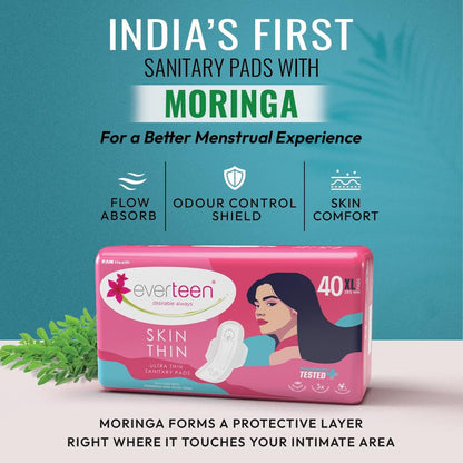 everteen SKIN THIN Ultrathin XL Sanitary Pads with Moringa & Aloe Vera (40 Pads, 285mm) - Dermatologically Tested, Rash-Free Protection for Active Women