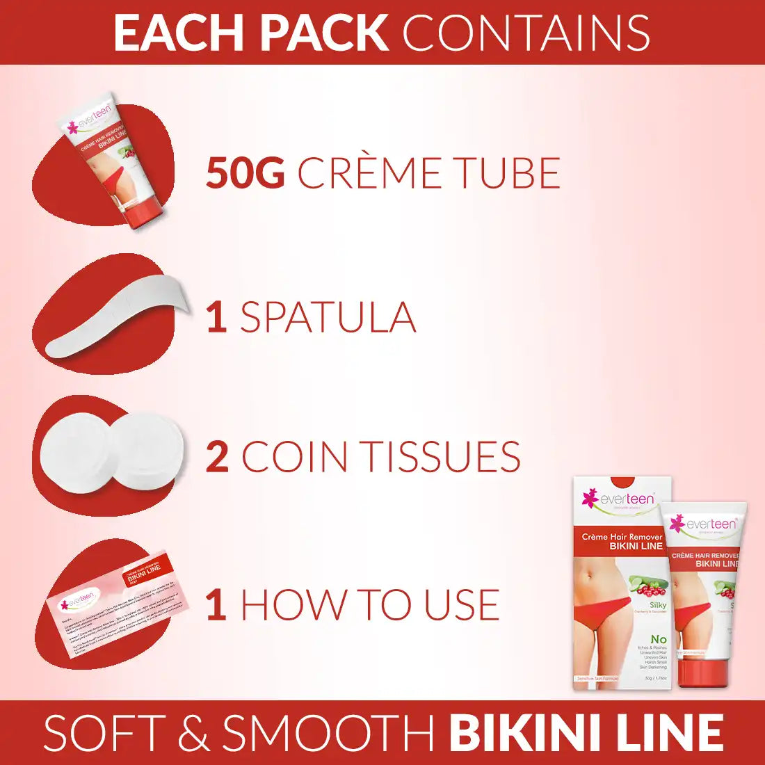 everteen SILKY Bikini Line Hair Remover Cream 50g with Cranberry and Cucumber - everteen