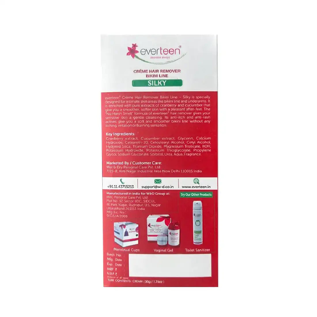 everteen SILKY Bikini Line Hair Remover Cream 50g with Cranberry and Cucumber - everteen