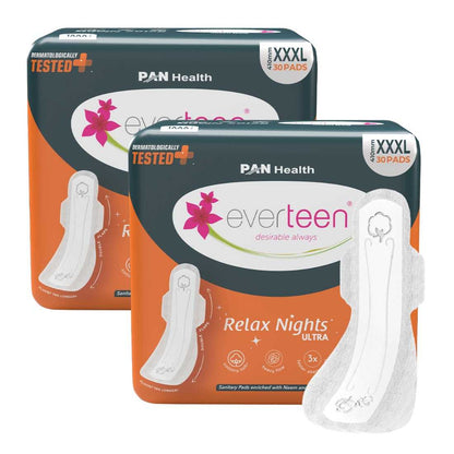 everteen Relax Nights Ultra Overnight XXXL Sanitary Pads, Neem, Safflower, Dermatologically Tested, Heavy Flow, Postpartum Care - 30 Pads (410mm)