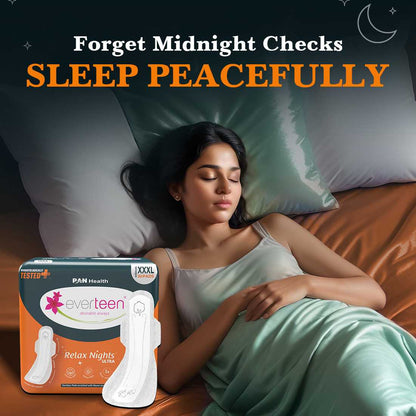 everteen Relax Nights Ultra Overnight XXXL Sanitary Pads, Neem, Safflower, Dermatologically Tested, Heavy Flow, Postpartum Care - 30 Pads (410mm)