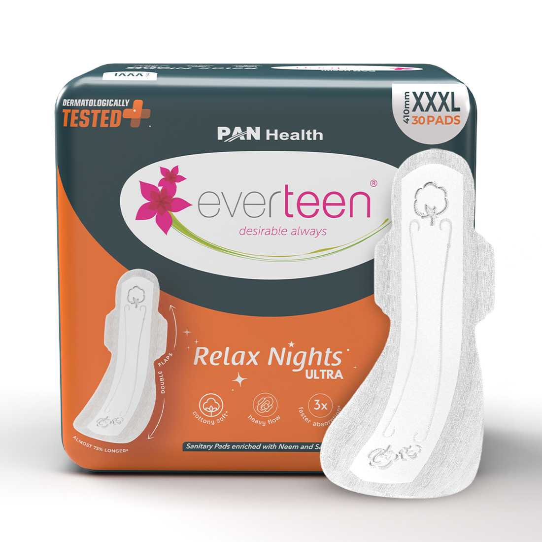 everteen Relax Nights Ultra Overnight XXXL Sanitary Pads, Neem, Safflower, Dermatologically Tested, Heavy Flow, Postpartum Care - 30 Pads (410mm)