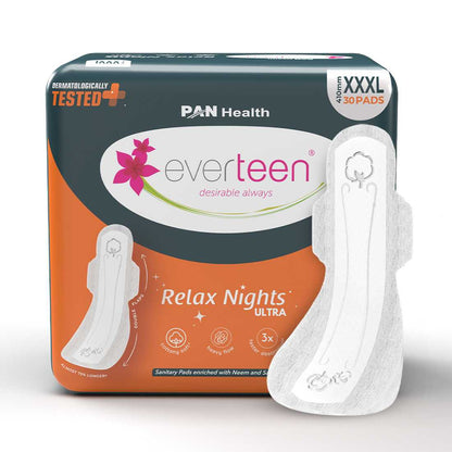 everteen Relax Nights Ultra Overnight XXXL Sanitary Pads, Neem, Safflower, Dermatologically Tested, Heavy Flow, Postpartum Care - 30 Pads (410mm)