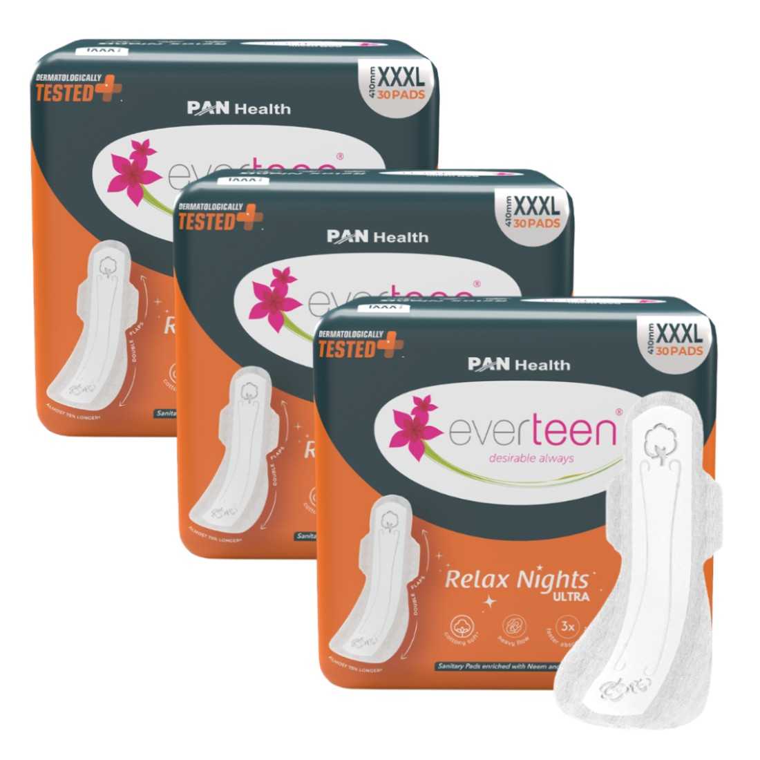 everteen Relax Nights Ultra Overnight XXXL Sanitary Pads, Neem, Safflower, Dermatologically Tested, Heavy Flow, Postpartum Care - 30 Pads (410mm)
