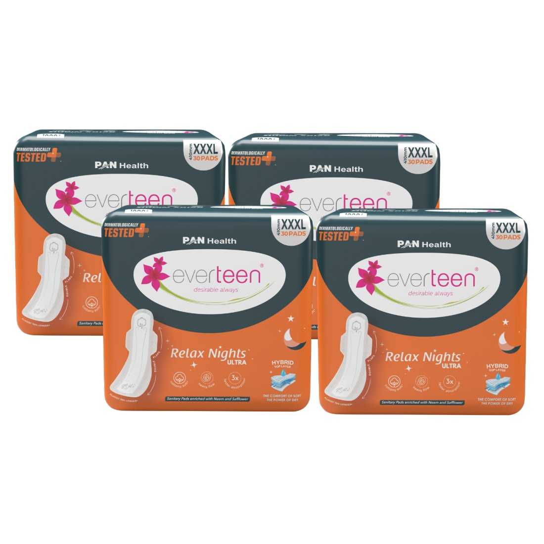 everteen Relax Nights Ultra Overnight XXXL Sanitary Pads, Neem, Safflower, Dermatologically Tested, Heavy Flow, Postpartum Care - 30 Pads (410mm)