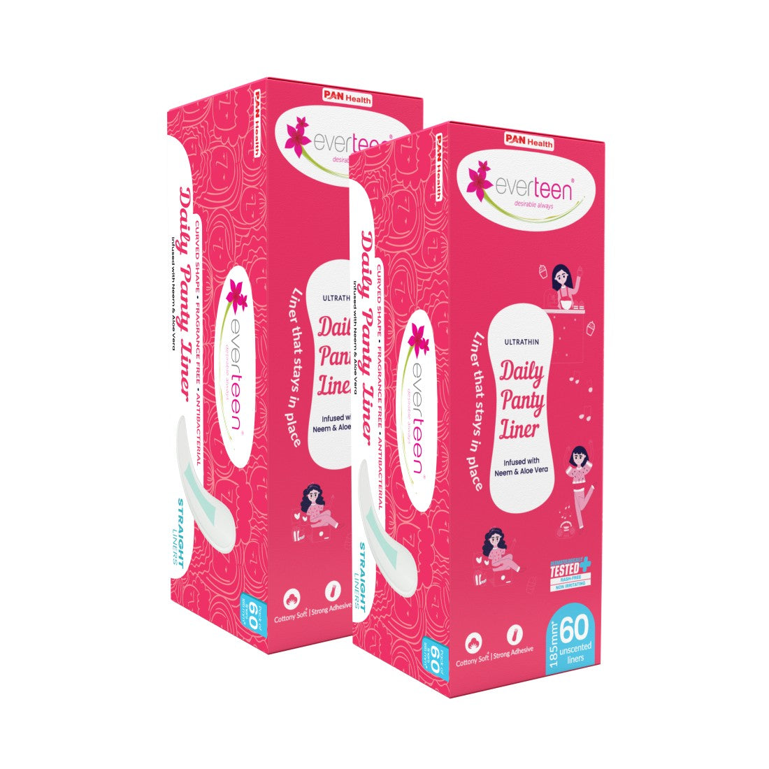 everteen Anti-Bunching Straight Panty Liners with Neem, Aloe Vera for Spotting, Discharge, Incontinence in Women - 60 Liners