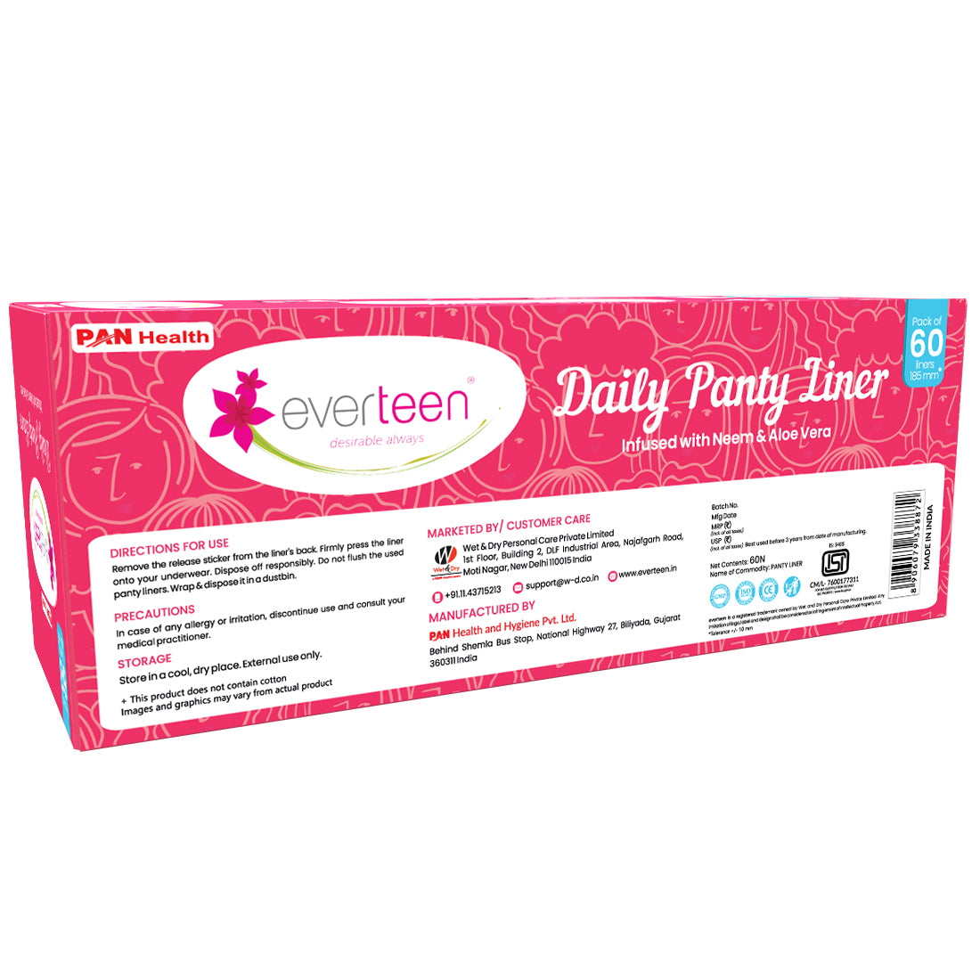 everteen Anti-Bunching Straight Panty Liners with Neem, Aloe Vera for Spotting, Discharge, Incontinence in Women - 60 Liners