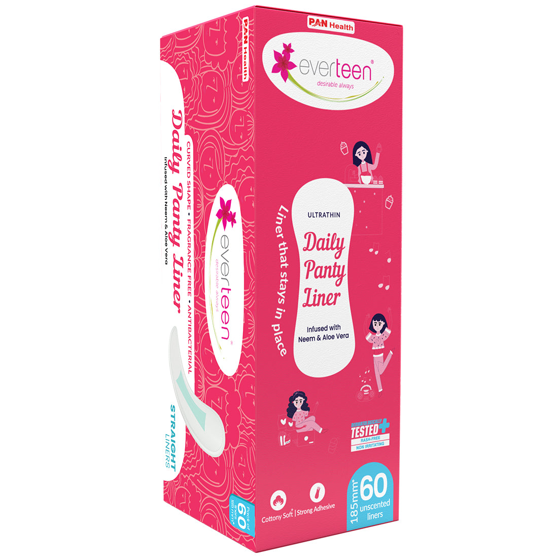 everteen Anti-Bunching Straight Panty Liners with Neem, Aloe Vera for Spotting, Discharge, Incontinence in Women - 60 Liners