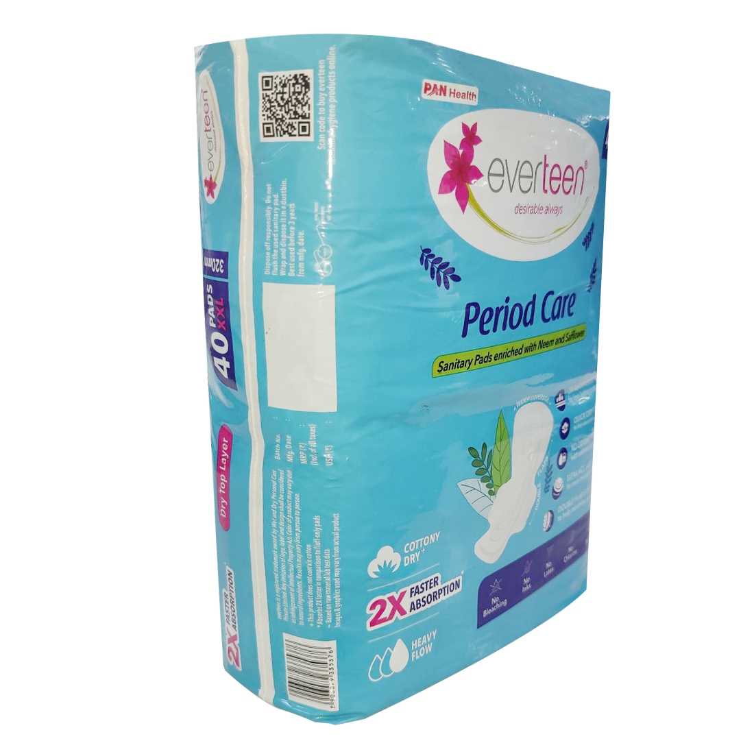 everteen Period Care XXL Neem-Safflower Sanitary Pads with Double Flaps - 40 Pads, 320mm - everteen