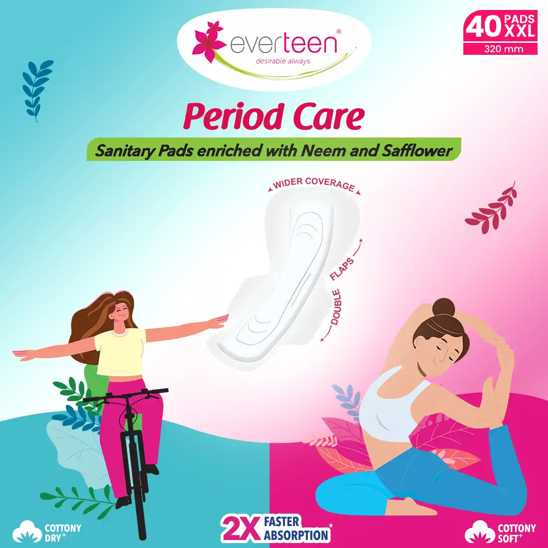 everteen Period Care XXL Neem-Safflower Sanitary Pads with Double Wings - 40 Pads, 320mm - everteen