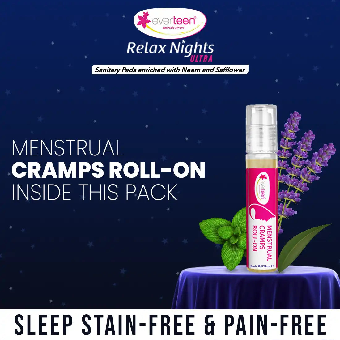 everteen XXL Relax Nights Ultra Thin 40 Sanitary Pads with Neem and Safflower, Menstrual Cramps Roll-On Inside Pack - everteen