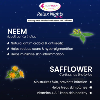 everteen XXL Relax Nights Ultra Thin 40 Sanitary Pads with Neem and Safflower, Menstrual Cramps Roll-On Inside Pack - everteen