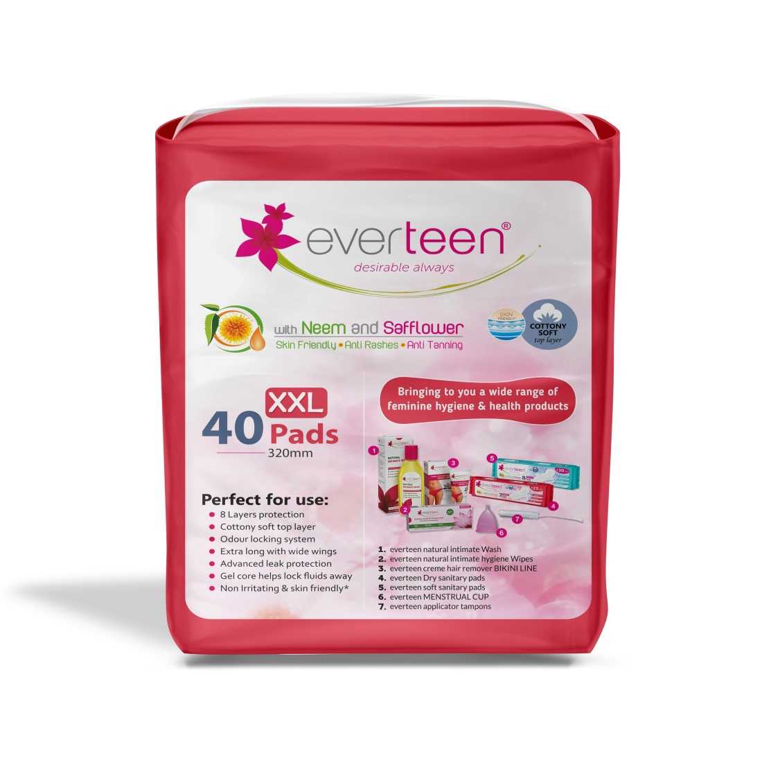 everteen XXL Sanitary Pads Enriched with Neem and Safflower - 40 Pads, 320mm
