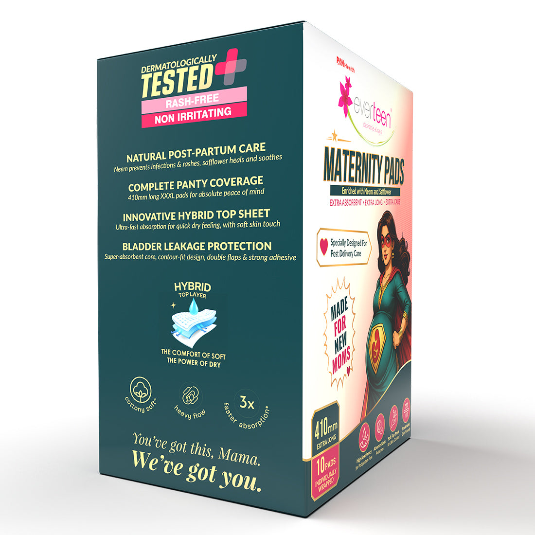 everteen Maternity Pads with Neem and Safflower for Extra Heavy Flow Postpartum Care - 10 Pads