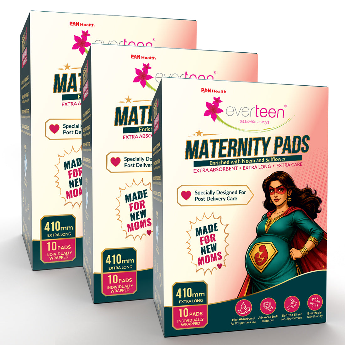 everteen Maternity Pads with Neem and Safflower for Extra Heavy Flow Postpartum Care - 10 Pads