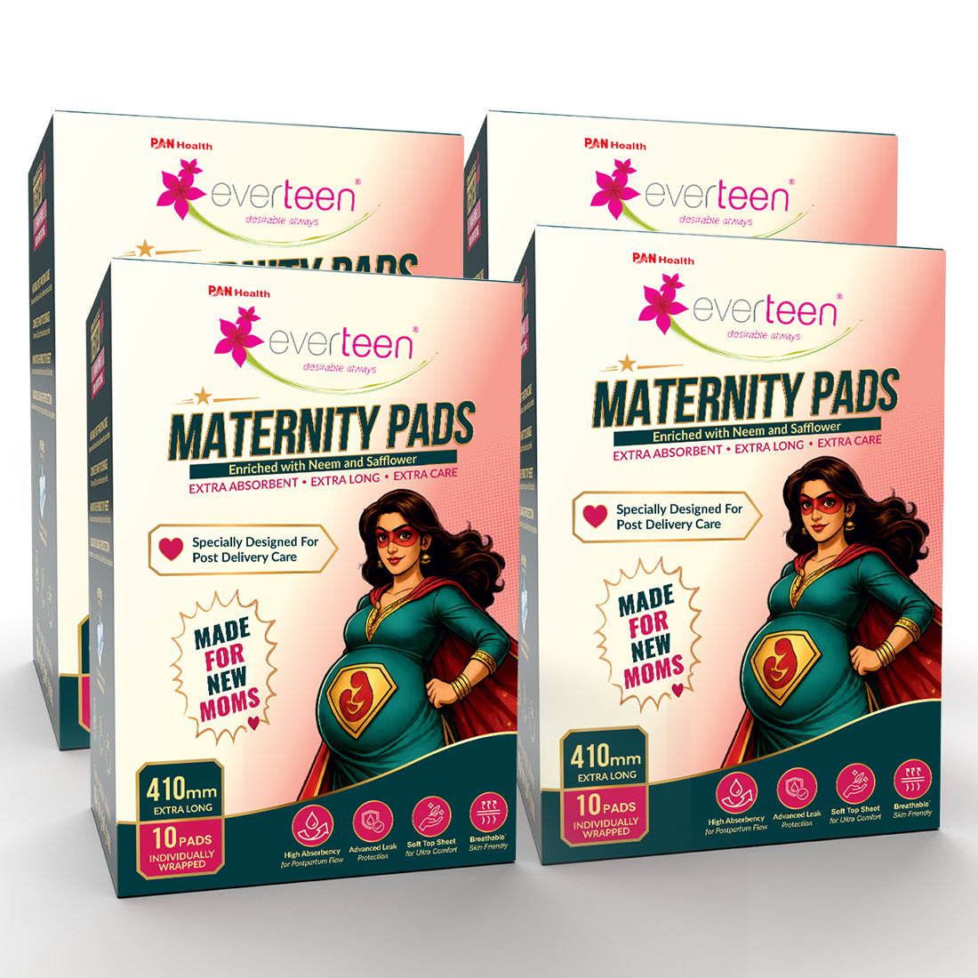 everteen Maternity Pads with Neem and Safflower for Extra Heavy Flow Postpartum Care - 10 Pads