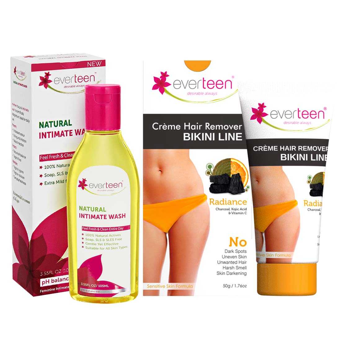 everteen Value Combo - Bikini Line Hair Remover Creme RADIANCE and Natural Intimate Wash 105ml for Women - everteen
