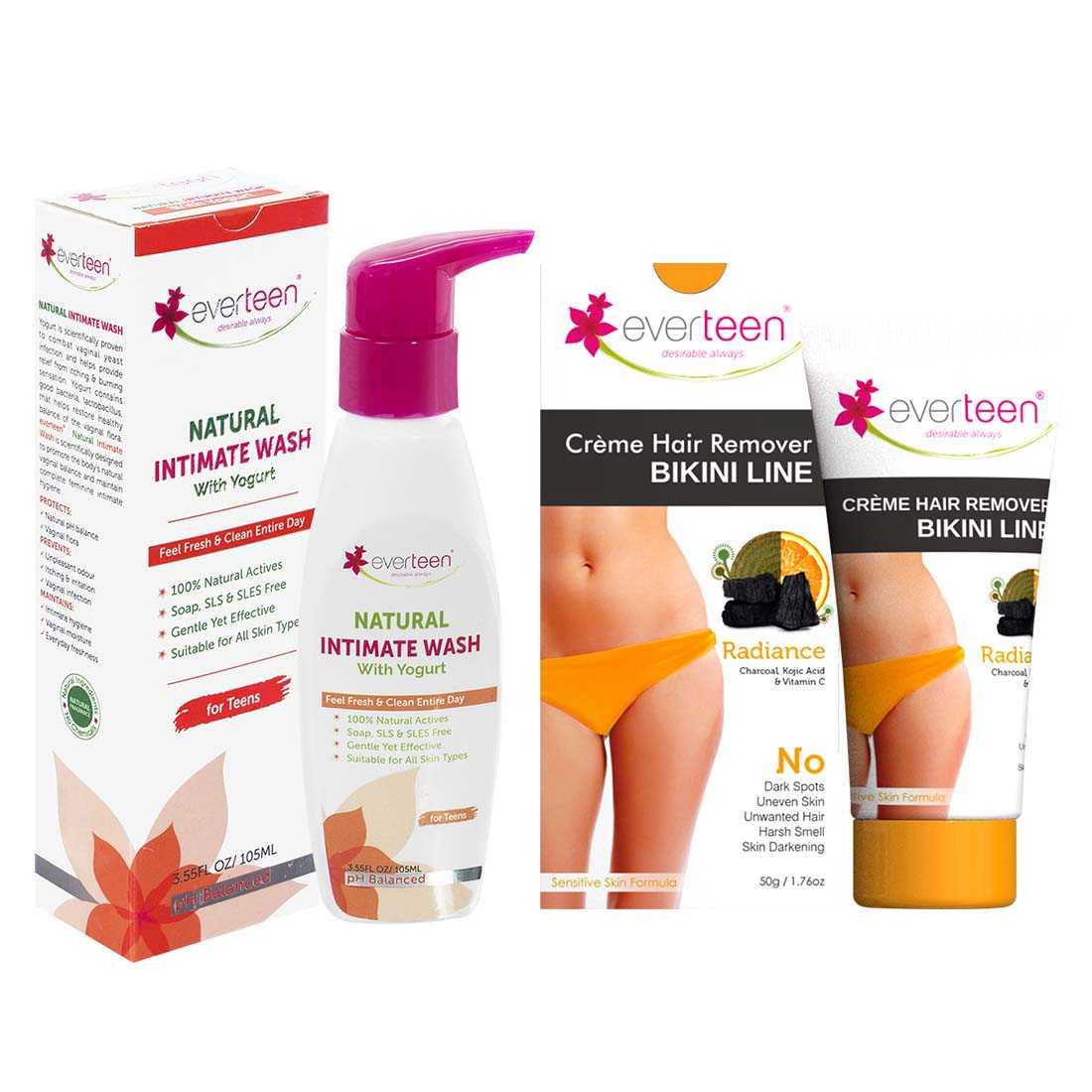 everteen Value Combo - Bikini Line Hair Removal Creme RADIANCE and Yogurt Intimate Wash 105ml for Women - everteen