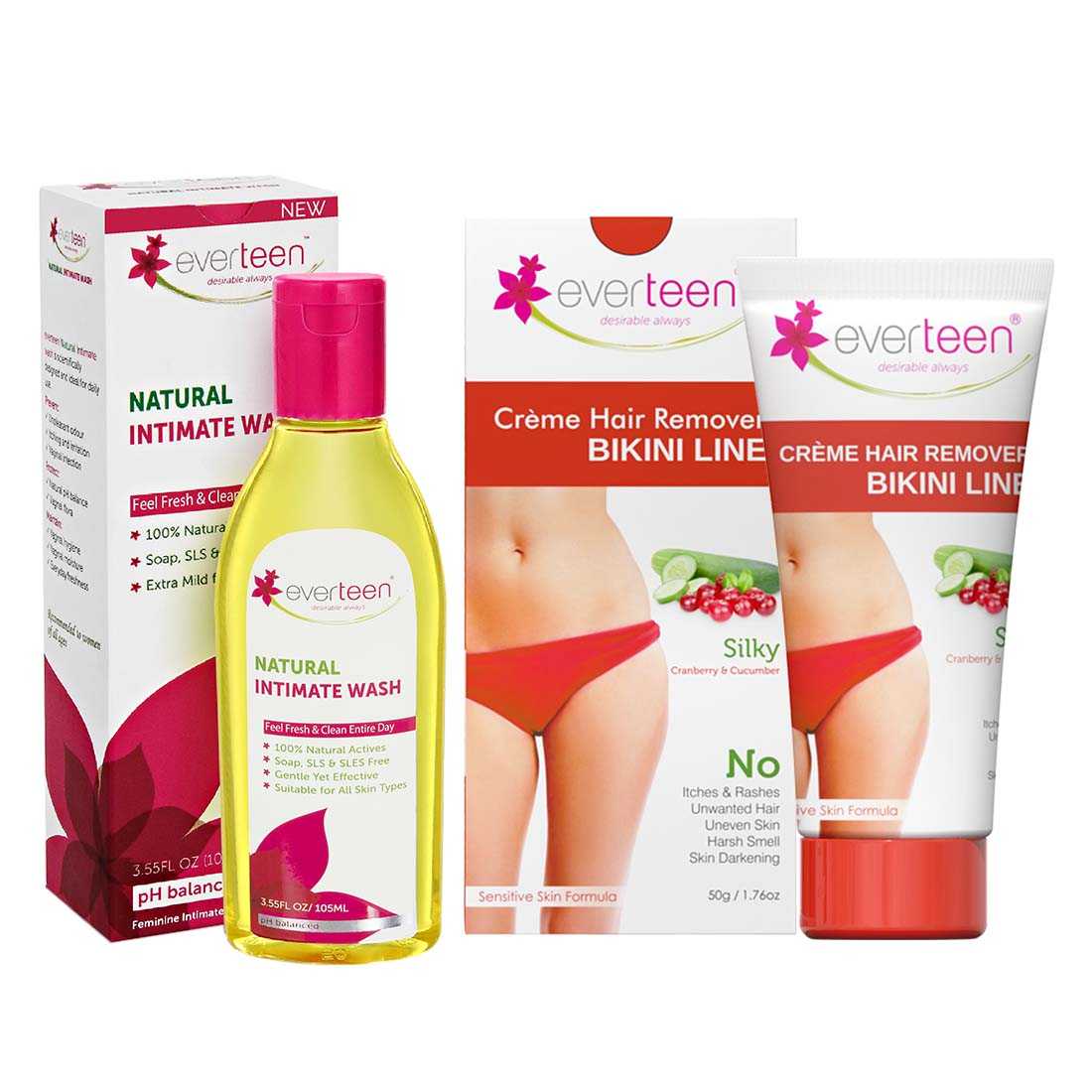 everteen Value Combo - Bikini Line Hair Remover Creme SILKY and Natural Intimate Wash 105ml for Women - everteen