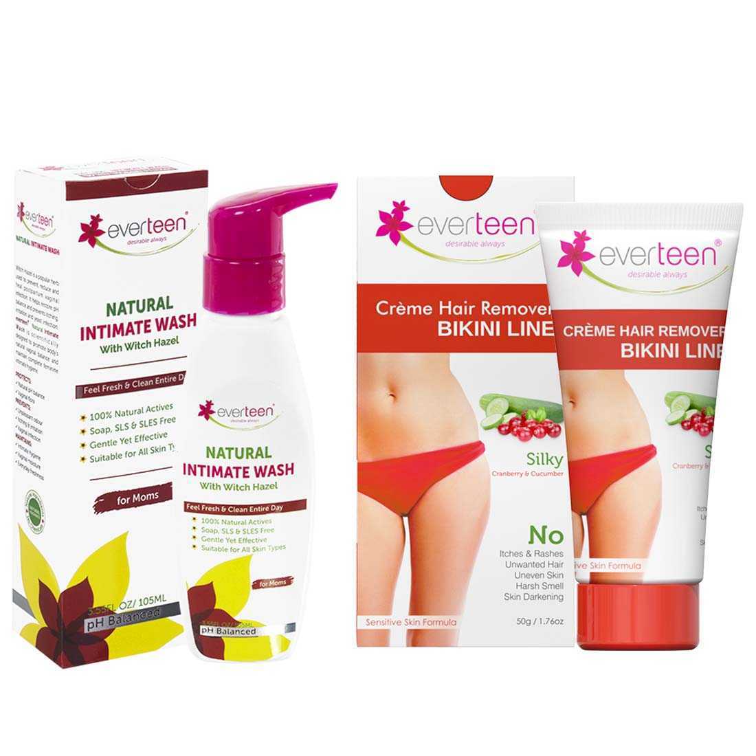 everteen Value Combo - Bikini Line Hair Removal Creme SILKY and Witch Hazel Intimate Wash 105ml for Moms - everteen