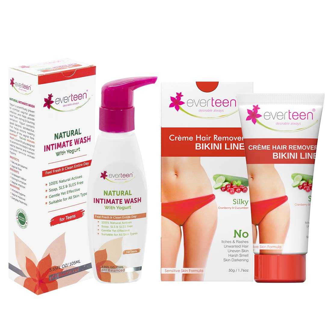 everteen Value Combo - Bikini Line Hair Removal Creme SILKY and Yogurt Intimate Wash 105ml for Teen Girls