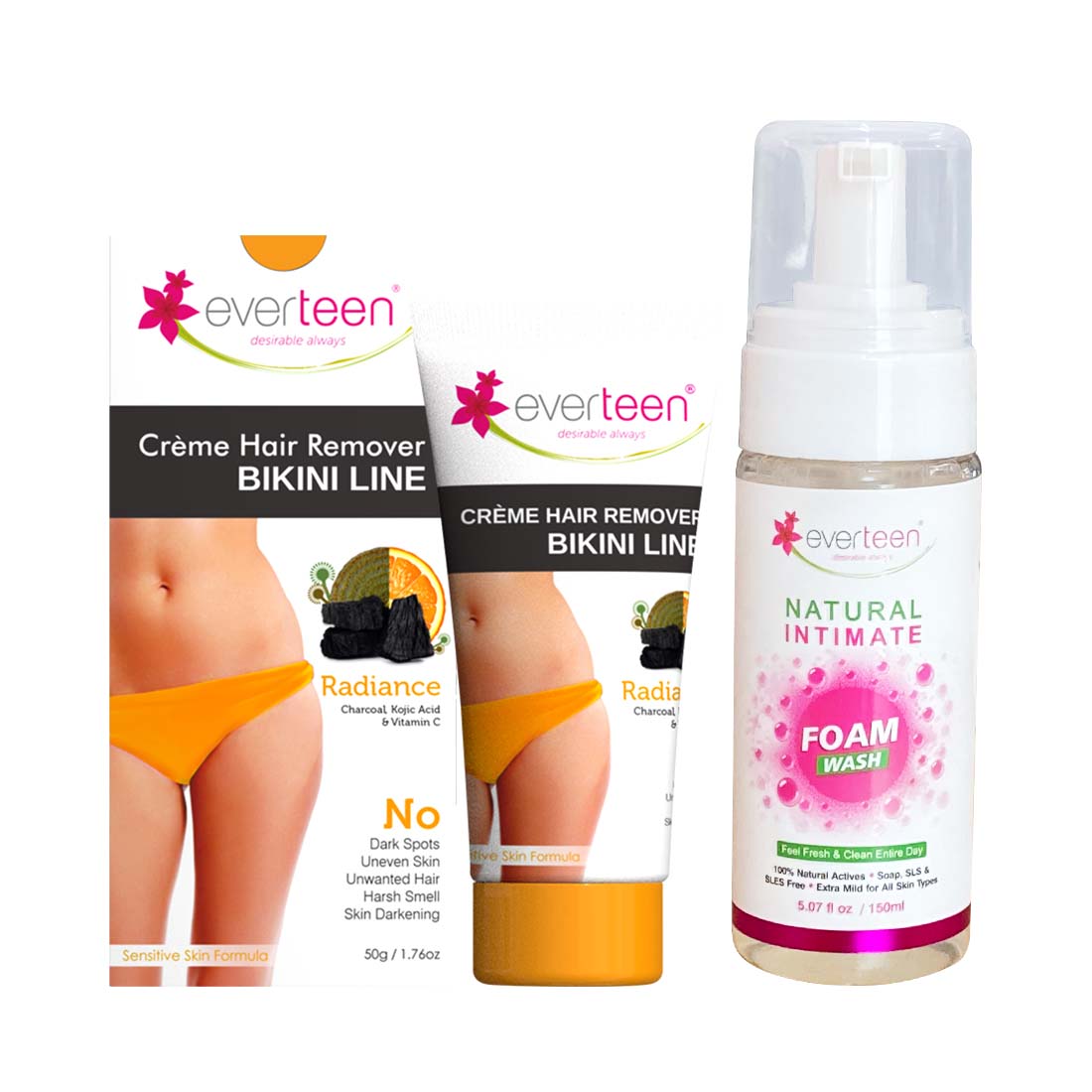 everteen Value Combo - Bikini Line Hair Removal Creme RADIANCE and Foam Intimate Wash 150ml for Women