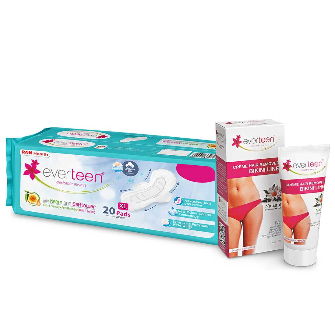 everteen Combo Bikini Line Hair Remover Creme 50g & XL Dry Sanitary Napkin Pads with Neem and Safflower - (20 Pads, 280mm) - everteen