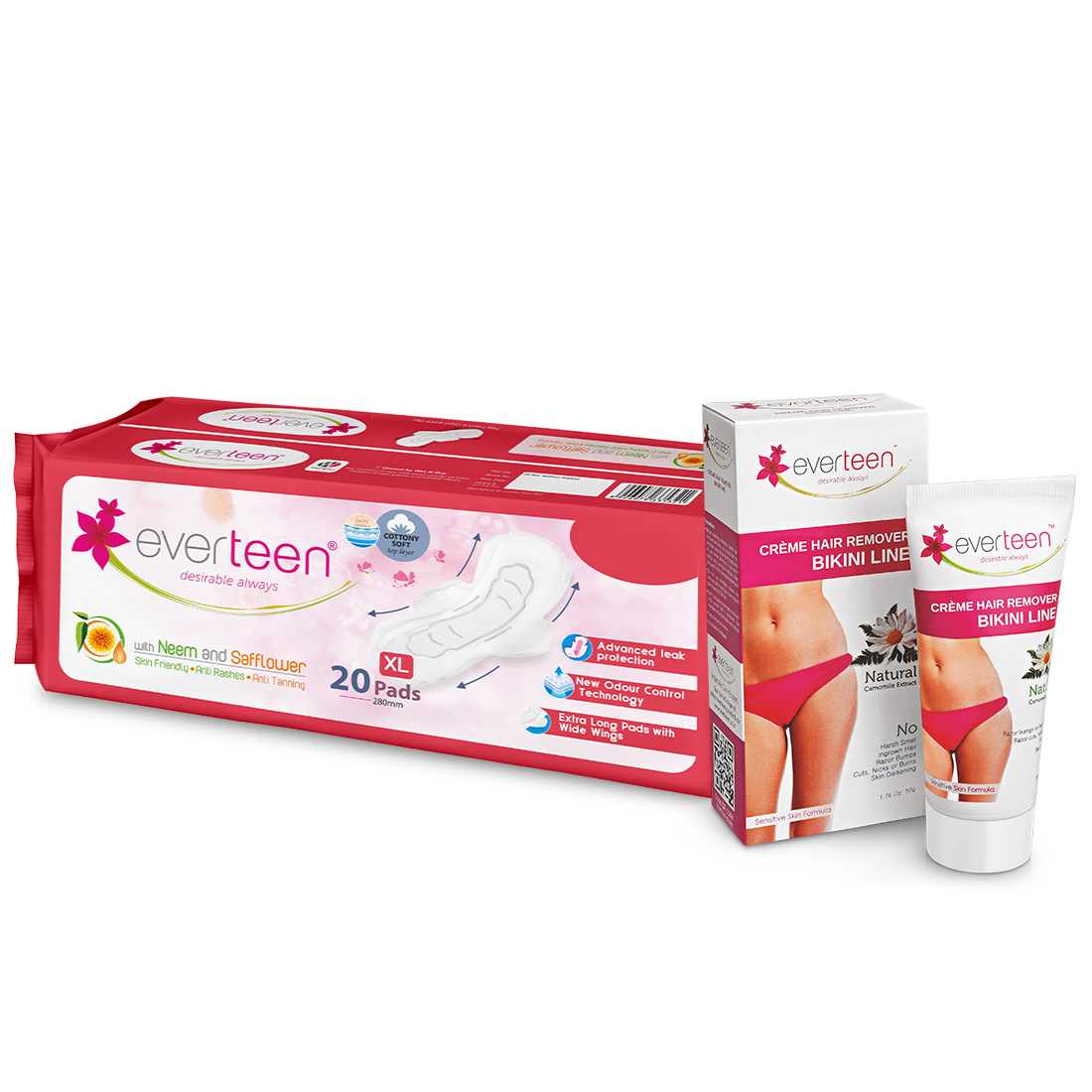 everteen Combo: Bikini Line Hair Remover Creme (50g) & XL Soft Sanitary Napkin Pads with Neem and Safflower (20 Pads, 280mm) - everteen