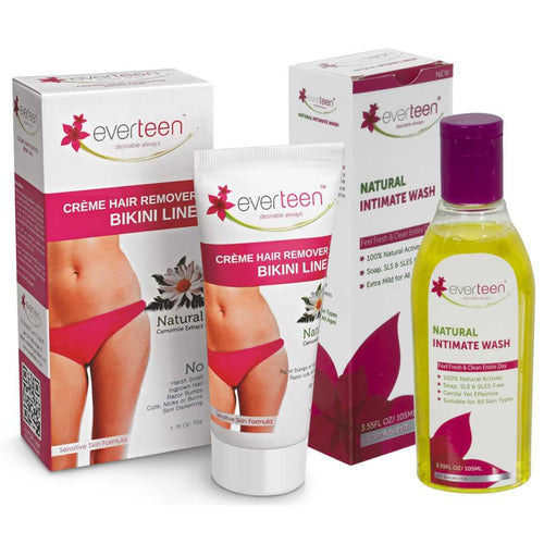 everteen Combo: Bikini Line Hair Remover Natural Crème (50g) and Natural Intimate Wash (105ml) for Women