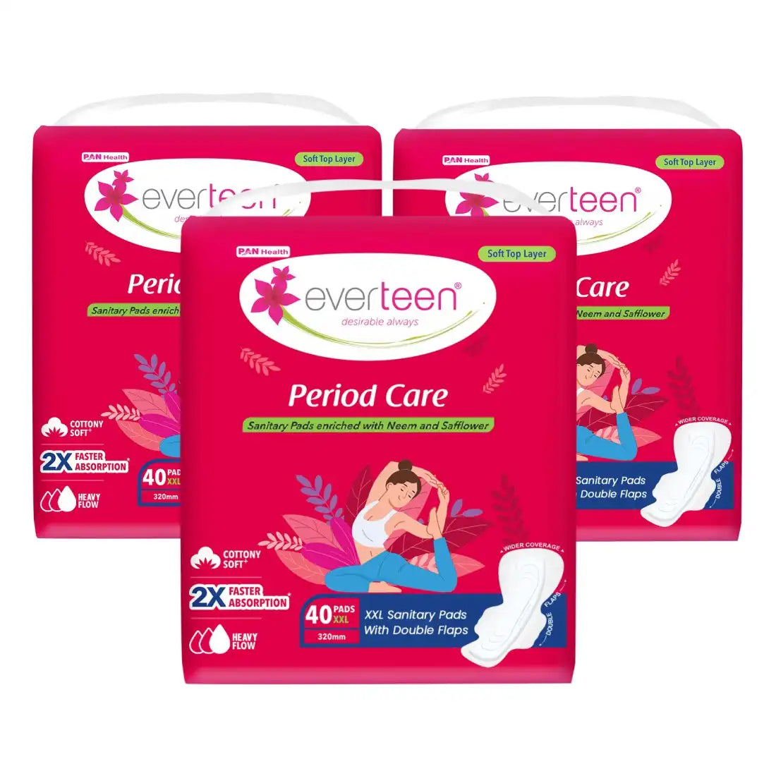 Buy 3 Packs everteen Period Care XXL Soft Neem-Safflower Sanitary Pads with Double Wings - 40 Pads, 320mm - everteen