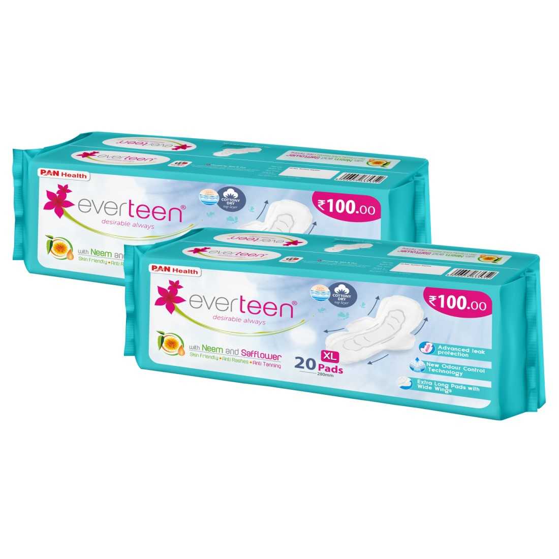 everteen XL Neem Safflower Sanitary Pads for Women - 20 Pads, 280mm - everteen